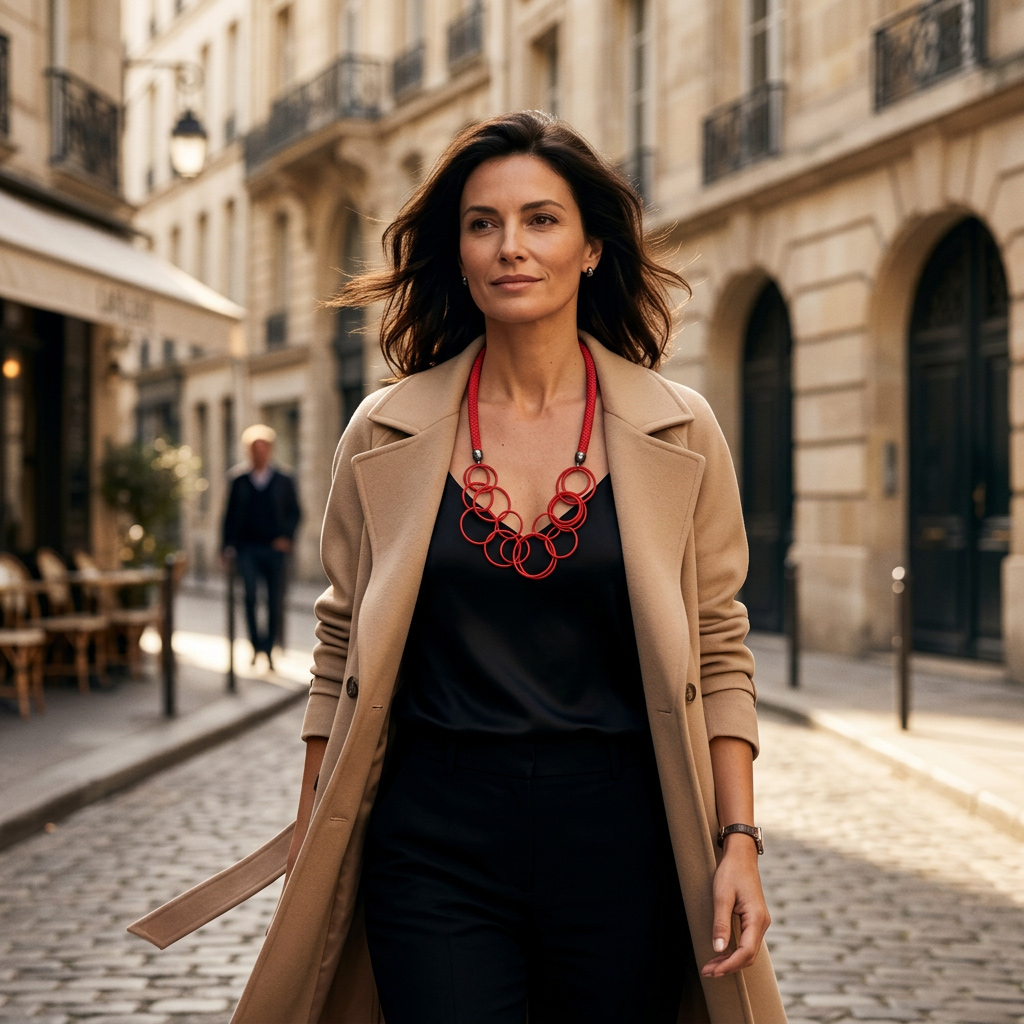 red-statement-necklace-interlocking-rings-braided-cord-long-5